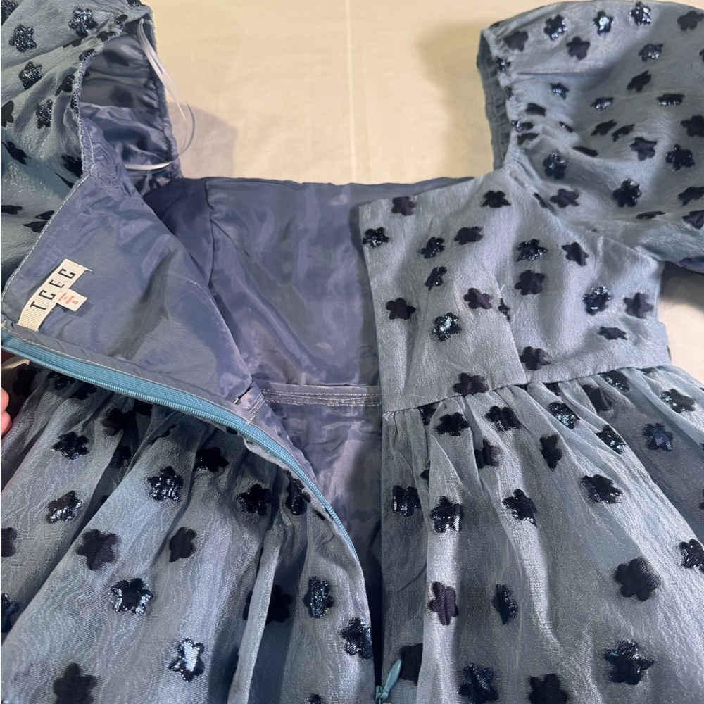 TCEC Light Blue Navy Dainty Coquette Puff Sleeve Floral Lined Mini Dress Size S - Picture 8 of 10